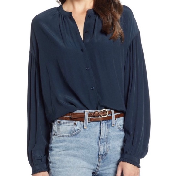 Something Navy Draped Pleated Long Sleeve Navy Blue Buttondown Blouse Top Small - Picture 1 of 12